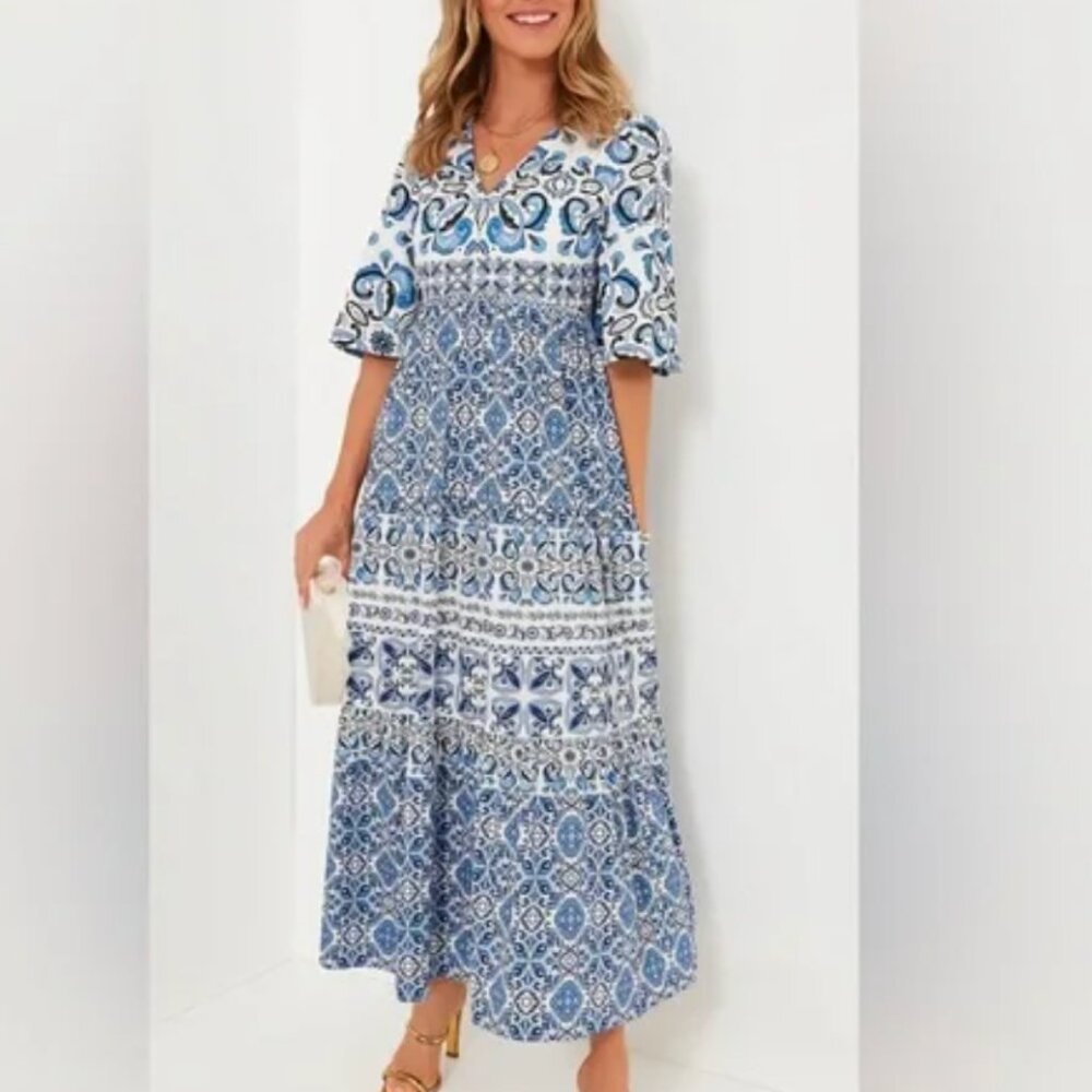Tuckernuck Blue and White Printed Maxi Dress